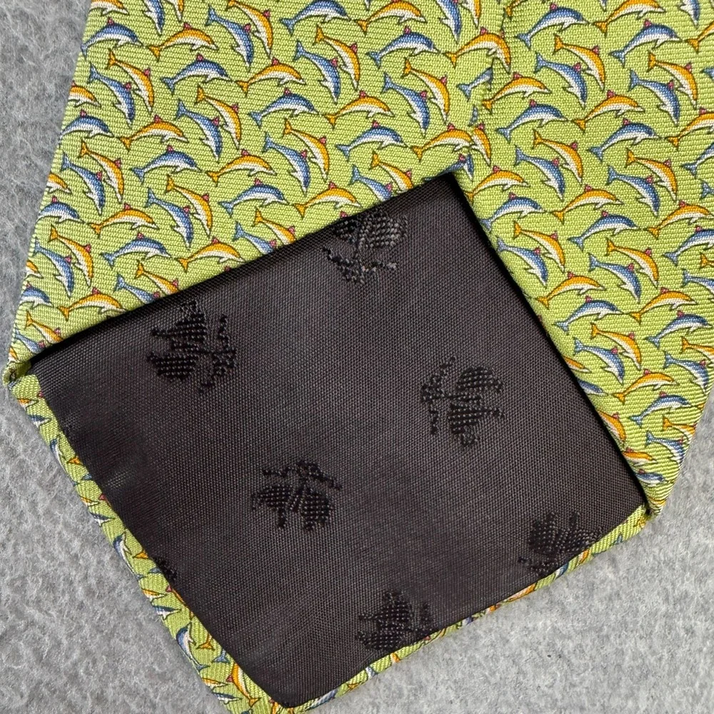 Brooks Brothers‎ Makers Tie Green Yellowish Dolphin Geometric Silk Beach Necktie